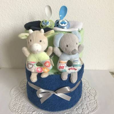 Windeltorte Zwillinge Jungen kleines Geschenk für Geburt Taufe Babyparty blau grün Autos Sterne kaufen Ideen
