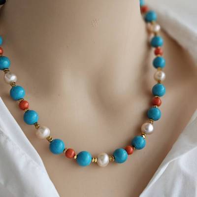 Edelsteinkette Koralle, Türkis, Süßwasserperlen - Türkiskette, Korallenkette, bunte Perlenkette
