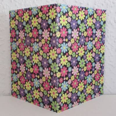 Notizheftchen Bunte Blümchen auf Schwarz, DIN A6 Notizheft blanko, Paperback mit Softcover