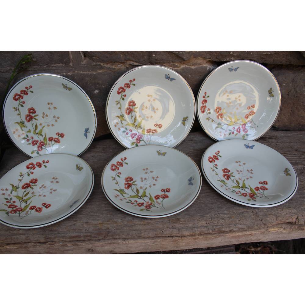 6 uralte Kuchenteller Blumendekor Schmetterlinge Mitterteich Bavaria Frühstücksteller 1931