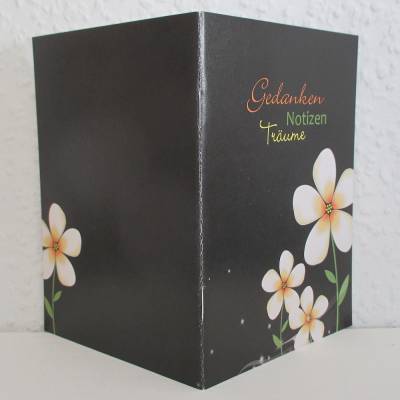 Notizheftchen Gedanken, Notizen, Träume mit weißen Blumen auf Schwarz, DIN A6 Notizheft blanko, Paperback mit Softcover