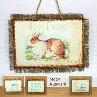 Ostern Bild Hase Küken Eier Happy Easter Deko Wandbild Textilbild Jute braun Fransen handmade by BuntMixxDESIGN