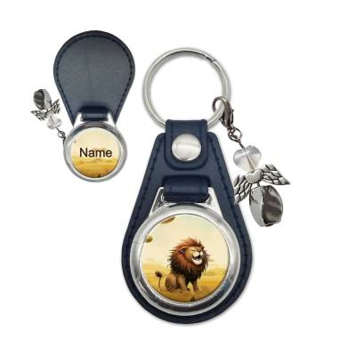 Metall Kunstleder Schlüsselanhänger mit Name und Löwe Motiv | abnehmbarer Schutzengel in 3 Farben zur Auswahl