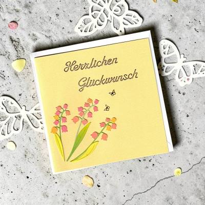 Handgefertigte Glückwunschkarte Klappkarte Faltkarte mit Glockenblumen – Herzlichen Glückwunsch – Unikat mit Umschlag
