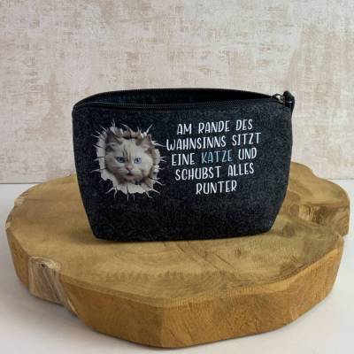 Kosmetiktasche aus Filz bedruckt mit Katzenmotiv und Katzenspruch - Geschenkidee für Katzenfreunde und Katzenliebhaber