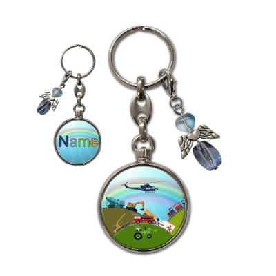 Metall Schlüsselanhänger mit Name und Fahrzeuge Motiv | abnehmbarer Schutzengel in 3 Farben zur Auswahl