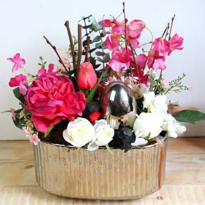 Frühlingsdeko Tischgesteck rosa silberfarbig