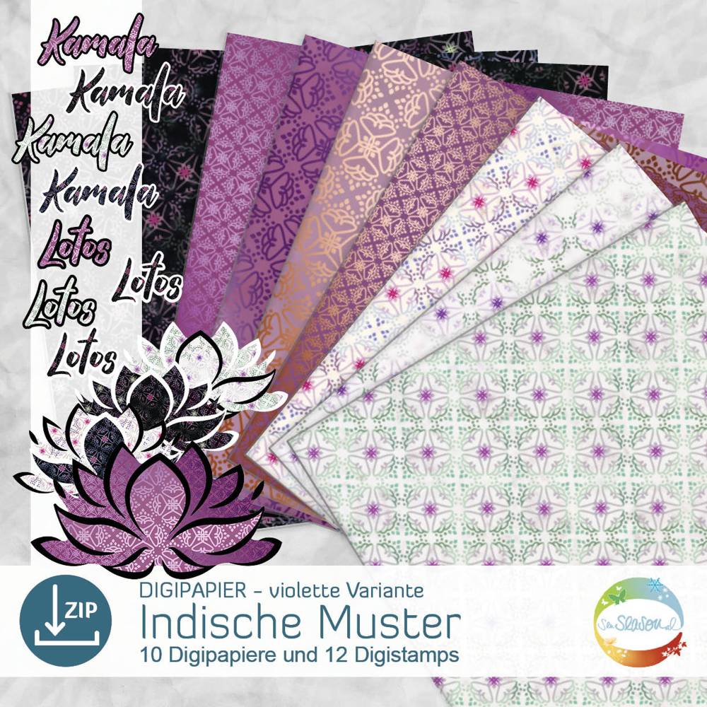 Digipapier indische Muster, Variante violett, Digistamp Lotusblüte, Lotusblume, Indien, indisches Design senSEASONal Bild 1