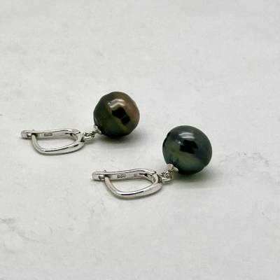 Tahiti-Perlen-Ohrringe schwarz, rund 10 x10,5 mm 925 Silberhaken