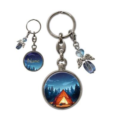 Metall Schlüsselanhänger mit Name und Zelt Motiv | abnehmbarer Schutzengel in 3 Farben zur Auswahl