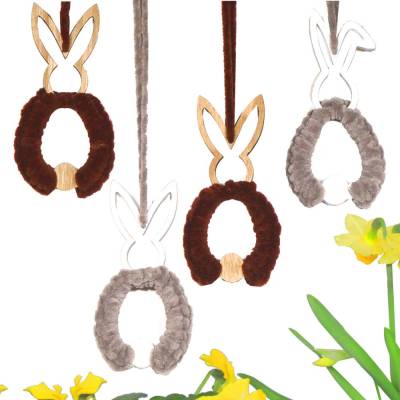 Osterhasen 4er Set zum Aufhängen – Handgemachte Osterdeko in Grau Braun aus Holz & Wolle