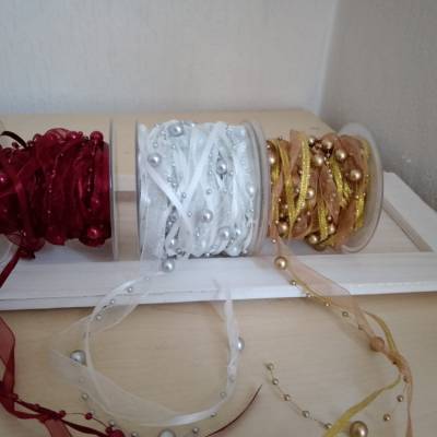 Band mit Perlen und Dekoelementen für Floristik & Bastelideen – bordeaux, gold, silber – je 2,5 Meter