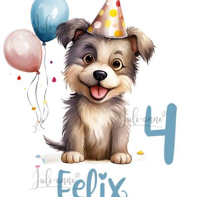 Bügelbild GEBURTSTAG Hund mit Luftballon *personalisiert Zahl & Name