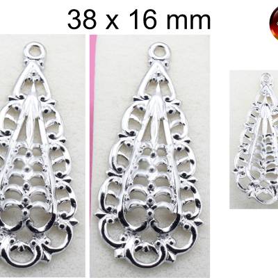 Anhänger - filigraner Tropfen - silber - ca. 38x16 mm -  Messing