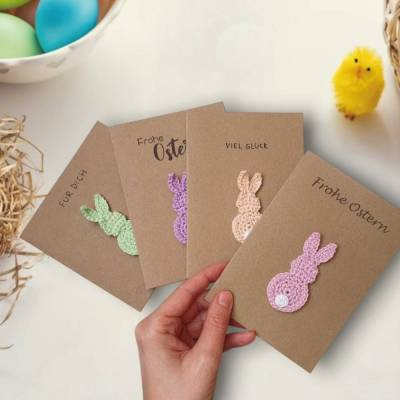 Glückwunschkarte mit Hase mit persönlichem Text - Handgemachte Osterkarte für Kinder, Karte mit Hasen Aufnäher
