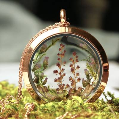 Kette Blüten Moos rosegold Medaillon Edelstahl Terrarium Geschenk Frau