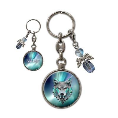 Metall Schlüsselanhänger mit Name und Wolf Motiv | abnehmbarer Schutzengel in 3 Farben zur Auswahl