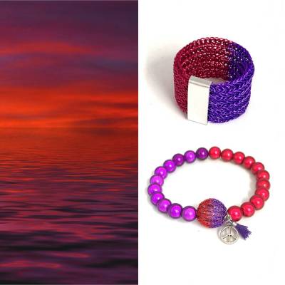 doppelt gestrickter BICOLOR RING und/oder magisches Leuchtperlen ARMBAND - Rot/Lila