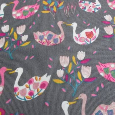 Baumwolle  Feincord  Schwan Blumen  taupe (1m/11,-€)