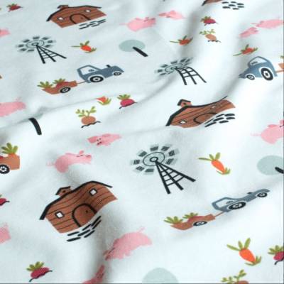 Jersey Stoff Bauernhof Farm hellblau 25cm x 150cm Öko Tex