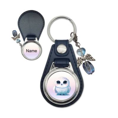 Metall Kunstleder Schlüsselanhänger mit Name und Schneeeule Motiv | abnehmbarer Schutzengel in 3 Farben zur Auswahl