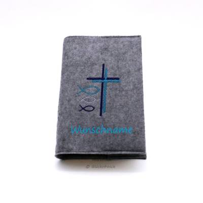 Gotteslob Filzhülle, grau, bestickt mit 2 Kreuzen und 3 Fischen, personalisierbar