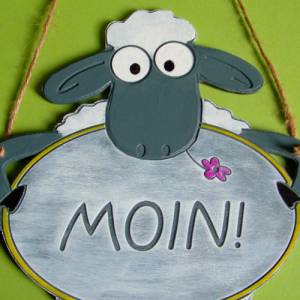 Türschild Schaf Moin Holz Gravur handbemalt Schild plattdeutsch norddeutsch
