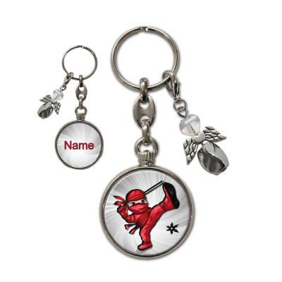 Metall Schlüsselanhänger mit Name und Ninja Motiv | abnehmbarer Schutzengel in 3 Farben zur Auswahl