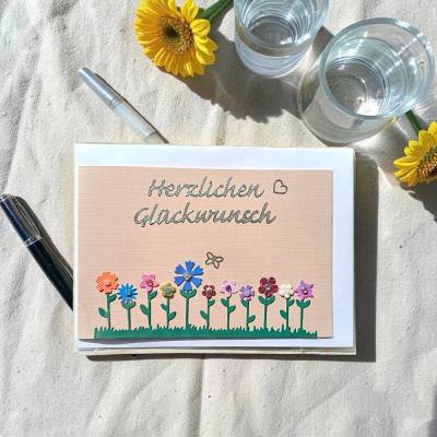 Glückwunschkarte Blumenstrauß – Klappkarte mit Umschlag & Einlegeblatt, Herzlichen Glückwunsch, handgefertigt