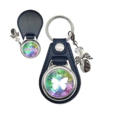 Metall Kunstleder Schlüsselanhänger mit Name und Schmetterling Motiv | abnehmbarer Schutzengel in 3 Farben zur Auswahl