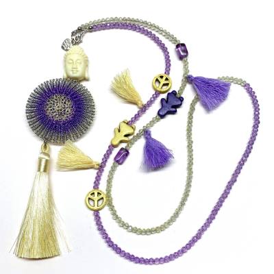 QUASTEN BUDDHA BOHO Kette - gelb / lila - mit doppelt gestricktem tricolor Wendescheiben-Element