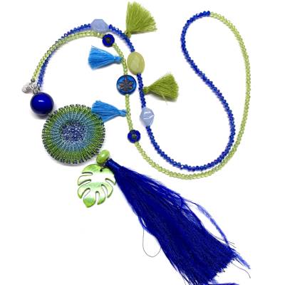 QUASTEN BOHO Kette - blau/grün - mit doppelt gestricktem tricolor Wendescheiben-Element