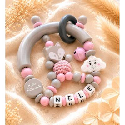 Personalisierter Greifling "Wald-Prinzessin" – Fuchs-Design in Grau & Rosa