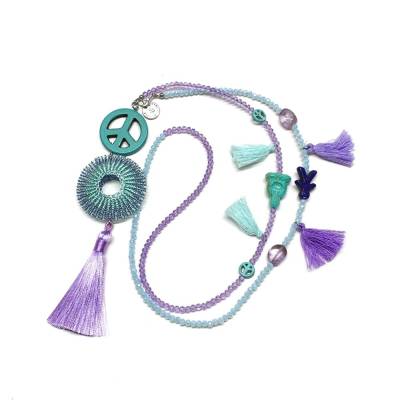 QUASTEN BOHO Kette - lila / türkis - mit doppelt gestricktem bicolor DISCUS-Element