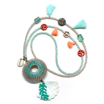 QUASTEN BOHO Kette - apricot / eisblau - mit doppelt gestricktem bicolor DISCUS-Element