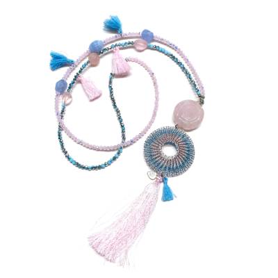 QUASTEN BOHO Kette - hellblau / rosa - mit doppelt gestricktem bicolor DISCUS-Element