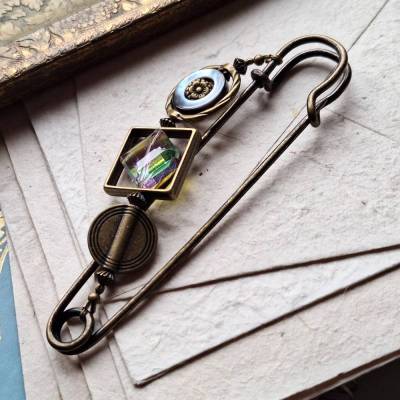 Bronze Schalnadel Boho Chic geometrisch - sehr große funkelnde Schmucknadel Perlmutt Pastell Kristall  N10-AB-7