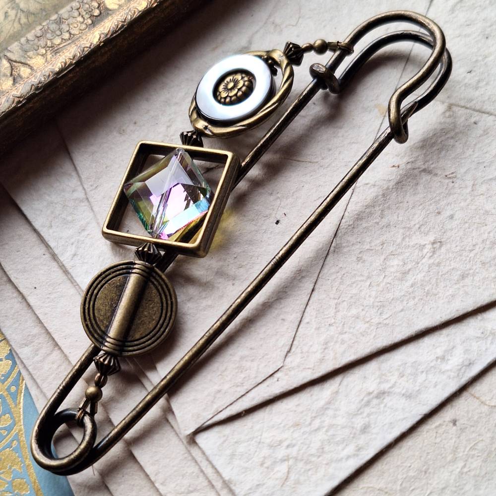 Bronze Schalnadel Boho Chic geometrisch - sehr große funkelnde Schmucknadel Perlmutt Pastell Kristall  N10-AB-7 Bild 5
