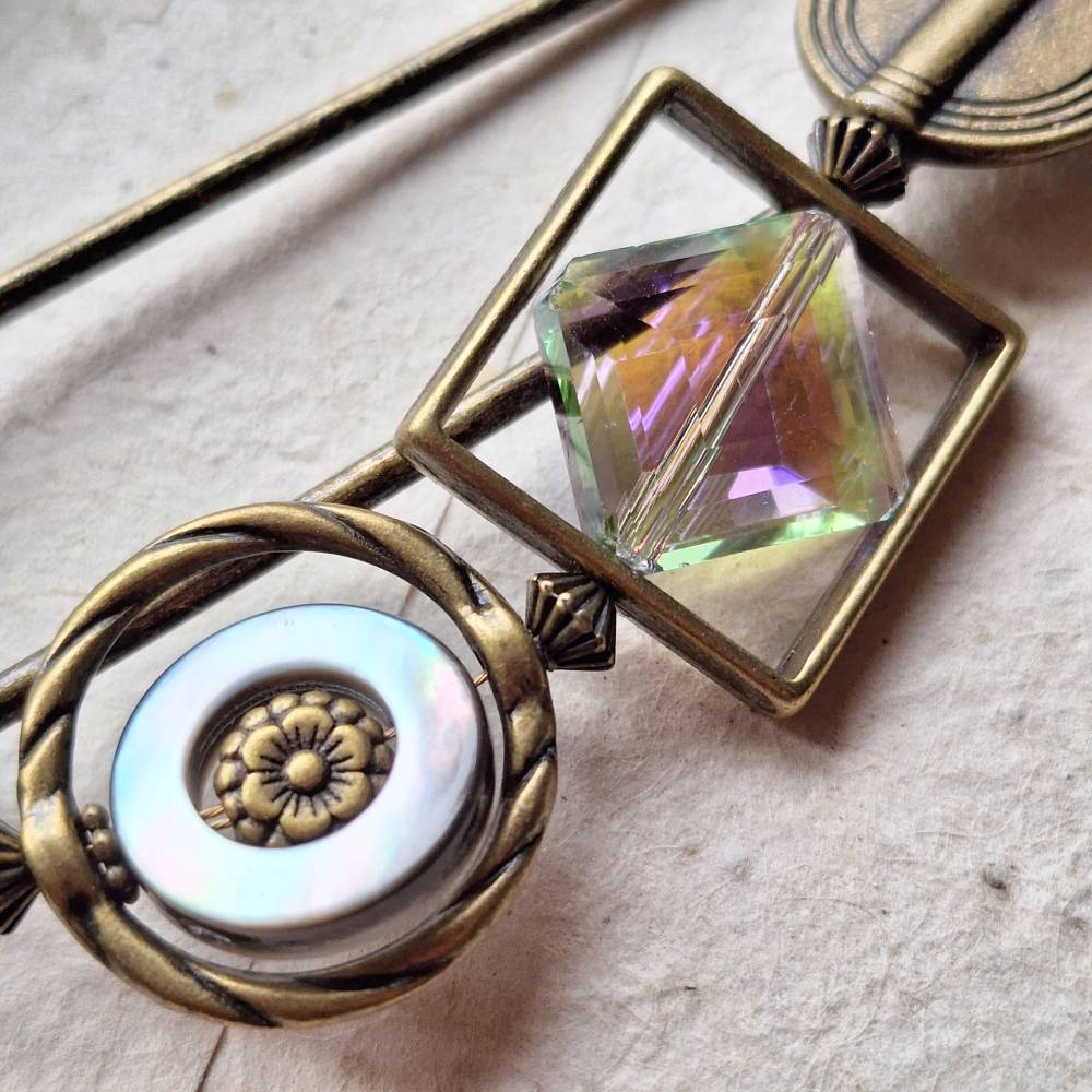 Bronze Schalnadel Boho Chic geometrisch - sehr große funkelnde Schmucknadel Perlmutt Pastell Kristall  N10-AB-7 Bild 6