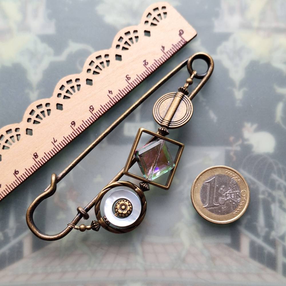 Bronze Schalnadel Boho Chic geometrisch - sehr große funkelnde Schmucknadel Perlmutt Pastell Kristall  N10-AB-7 Bild 7