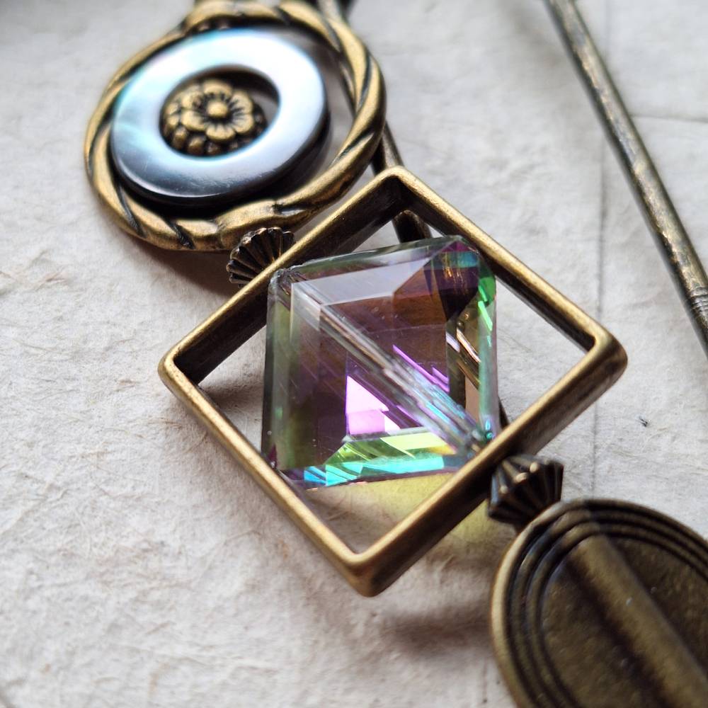Bronze Schalnadel Boho Chic geometrisch - sehr große funkelnde Schmucknadel Perlmutt Pastell Kristall  N10-AB-7 Bild 8