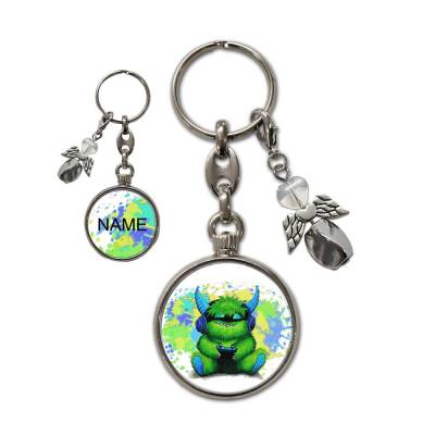 Metall Schlüsselanhänger mit Name und Zocker-Monster Motiv | abnehmbarer Schutzengel in 3 Farben zur Auswahl