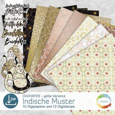 Digipapier indischen Muster, Variante gelb, Digistamp Buddha, Göttlichkeit, Gott, Yoga, indisches Design senSEASONal