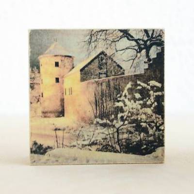 Ratingen "Haus zum Haus" im Schnee, Fotografie auf hochwertiger Multiplex Platte, Transferdruck