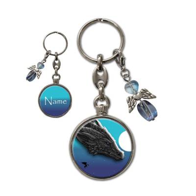 Metall Schlüsselanhänger mit Name und Drachenland Motiv | abnehmbarer Schutzengel in 3 Farben zur Auswahl