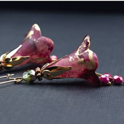 Blütenohrringe, rosa, pink, gold, schilfgrün