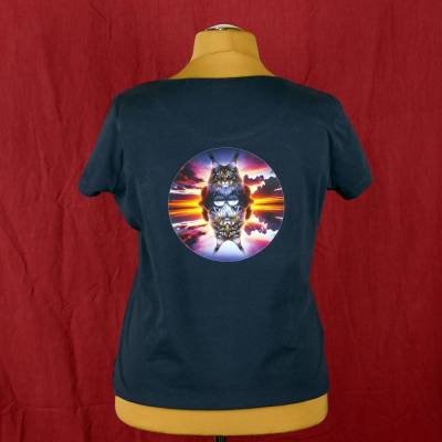 Damen T-Shirt mit Katzen Druck Größe 46 dunkelblau Upcycling Einzelstück