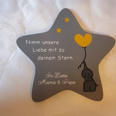 Erinnerung an ein Sternenkind | Stern wetterfest in grau oder weiß | Elefant mit Sternen und Ballon