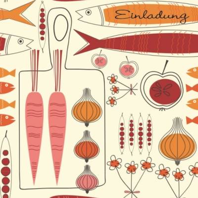 Fisherman Friends * 10 Postkarten Einladung, mit Fisch und Gemüse im 50er Jahre Retrodesign