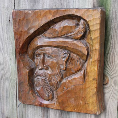 Mann mit Hut und Pfeife Holz Relief Holzrelief geschnitzt Handarbeit Bavaria West Germany
